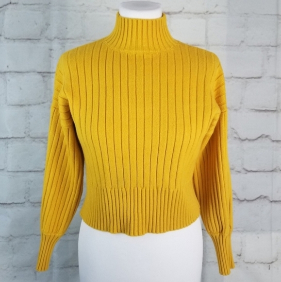 M/L Mustard Yellow Stretchy Cropped Ribbed Mock Neck Sweater - Picture 3 of 5